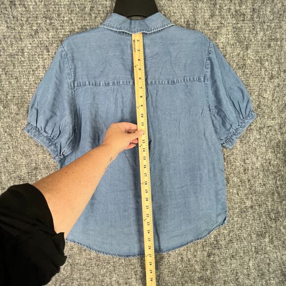 Lucky Brand Shirt Womens‎ M Denim Utility Puff Sleeve Chore Cottage Minimalist - Picture 7 of 9